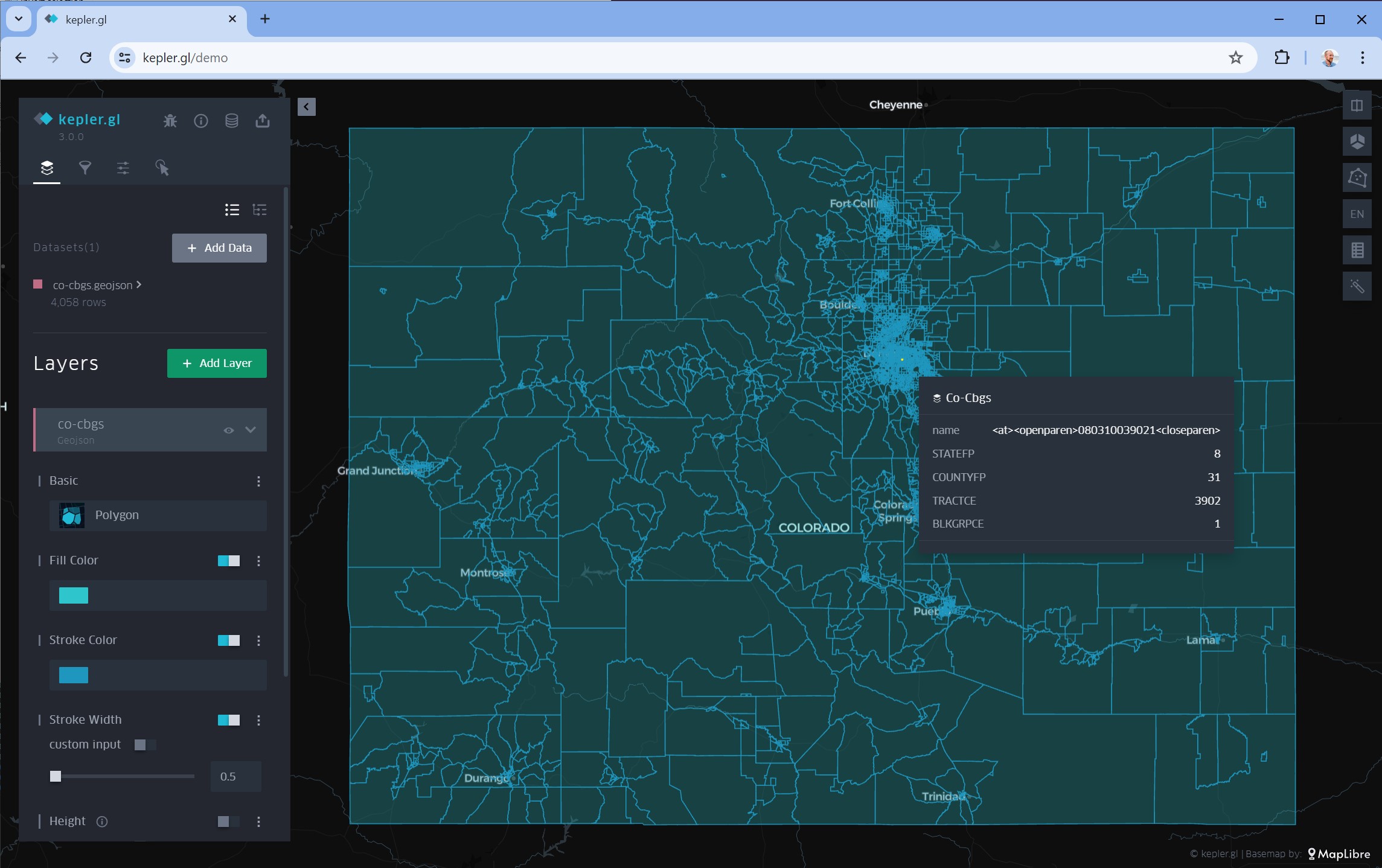 Colorado CBGs in Kepler.gl