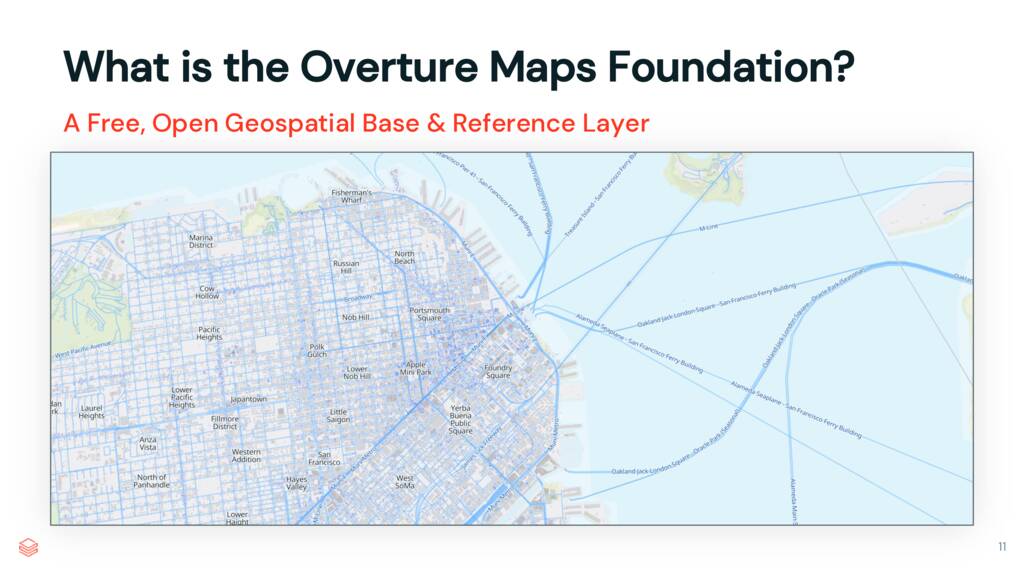 Map visualization showing San Francisco with Overture Maps Foundation description