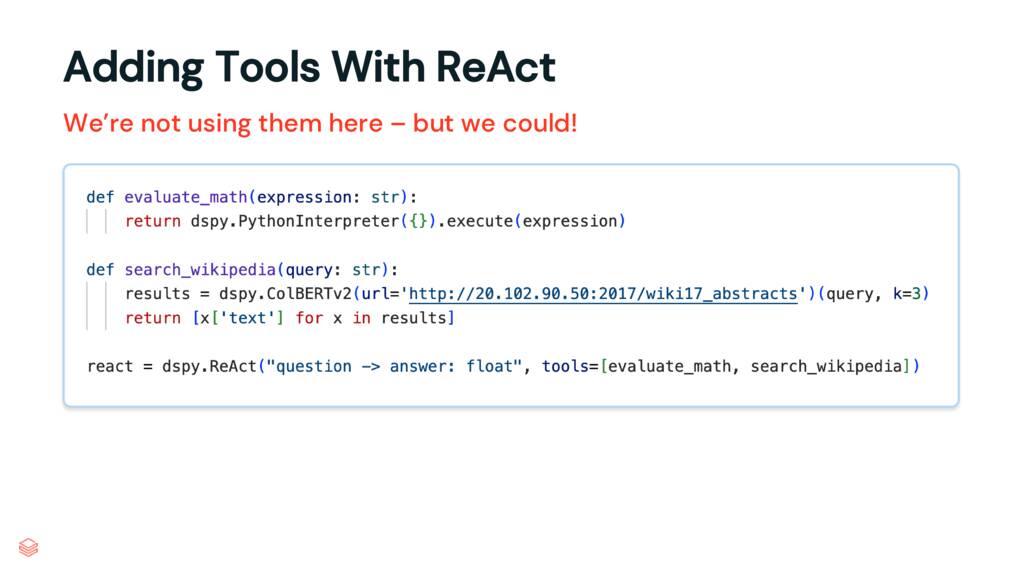 Code example showing ReAct module with tool definitions