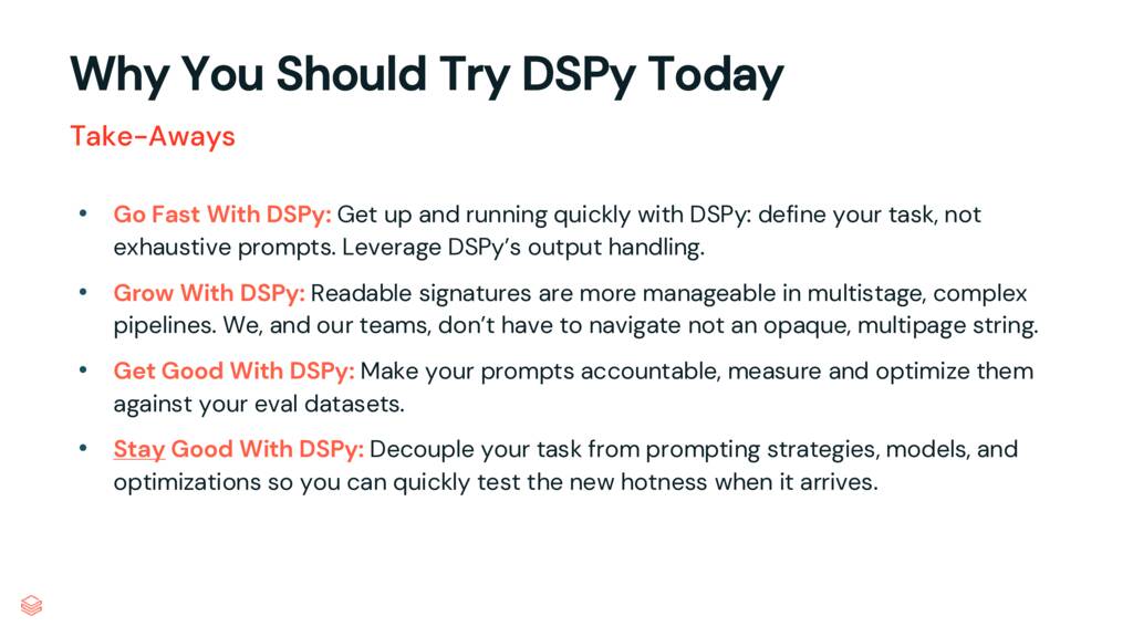 Takeaways slide with four key points about using DSPy