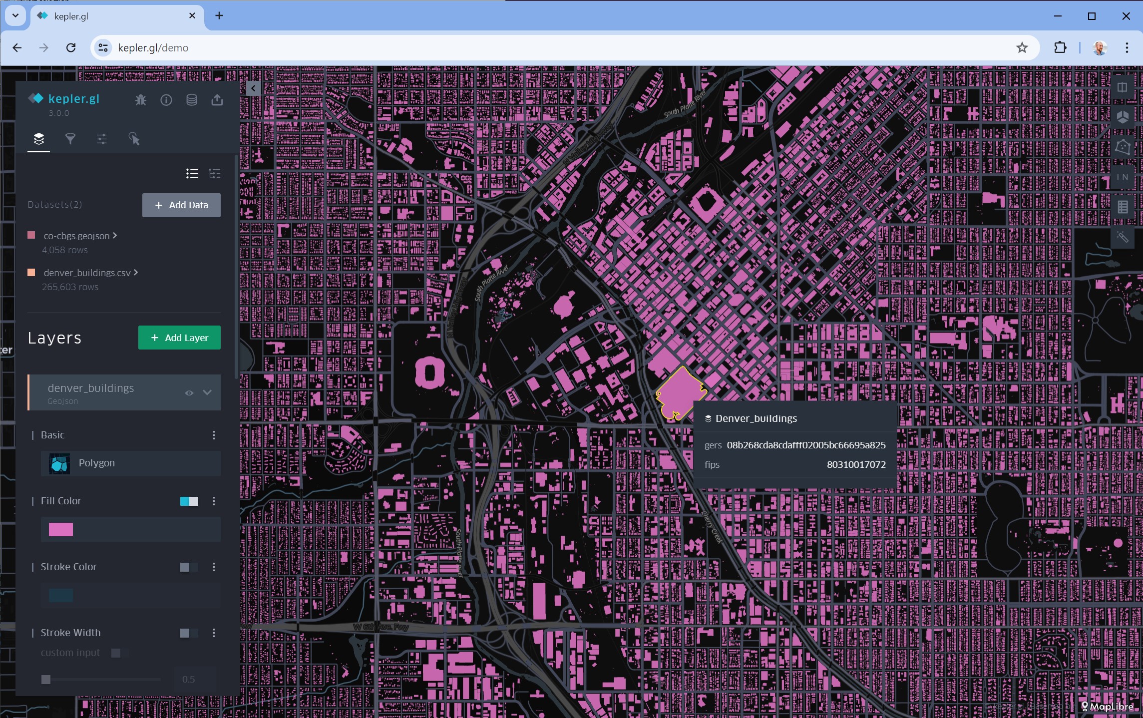 Overture Buildings in Denver, enriched with FIPS