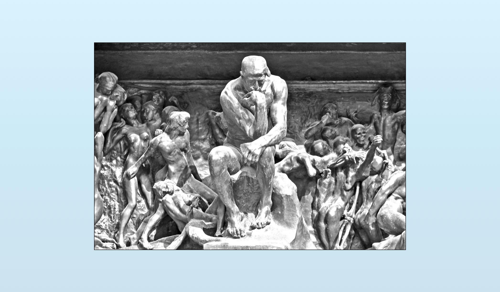 Rodin's The Thinker, at the Gates of Hell (via https://en.wikipedia.org/wiki/File:Le_penseur_de_la_Porte_de_lEnfer_(musée_Rodin)_(4528252054).jpg)
